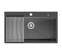 Auralum Lavandino Cucina 75 x 45 cm, Lavello Cucina 1 Vasca con Scolapiatti da Appoggio, Lavabo Cucina Acciaio Inox con Troppopieno, Sifone e Set di Drenaggio, Lavello Cucina Nero Antracite