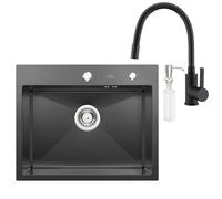 Auralum - Lavello con rubinetto, 55 x 45 cm, in acciaio inox + rubinetto da cucina, nero, con erogatore di sapone + sifone, colore: Nero antracite con rubinetto