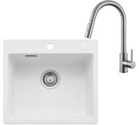 Auralum Lavello con rubinetto, in granito, bianco, 50 x 45 cm + rubinetto da cucina in sathal, allungabile
