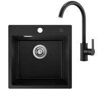 Auralum Lavello con rubinetto, in granito, nero, 45 x 45 cm + rubinetto da cucina, nero