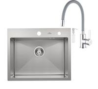 Auralum Lavello da cucina in acciaio inox 55 x 45 cm + rubinetto flessibile da cucina, con dispenser di sapone e sifone, lavello con rubinetto da cucina