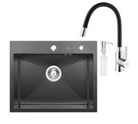 Auralum - Lavello da incasso con rubinetto flessibile, 55 x 45 cm, in acciaio inox nero antracite, con dispenser di sapone e sifone