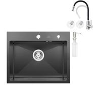 Auralum Lavello rettangolare 55 x 45 cm + rubinetto flessibile da cucina con 2 tipi di getto, lavello da incasso con dispenser di sapone e sifone + rubinetto da cucina nero