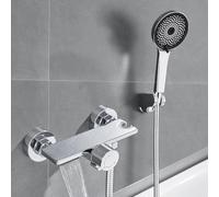 Auralum Miscelatore Doccia Ottone con Porta Sapone per Doccia, Rubinetto Vasca da Bagno con Soffione Doccia 5 Funzioni, Miscelatore Vasca da Bagno a Cascata con Supporto Soffione e Tubo Doccia 1,5 m