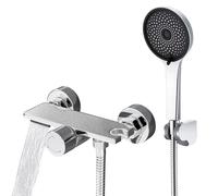Auralum Rubinetto Vasca da Bagno con Doccetta 5 Geti, Miscelatore Vasca da Bagno a Cascata, Miscelatore Doccia con Tubo Doccia in Acciaio Inox 1,5 m e Supporto Soffione Doccia, Cromato