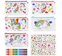Aurasky Astucci Unicorno da Dipingere per Bambini, 10 Astucci per Bambini da Colorare+4 Pastelli a Cera Impilabili(12 Colori in 1), Borsa in Tessuto per la Pittura Festa Compleanno Regali per Bambini