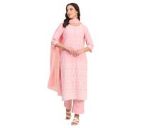 Aurelia Set da donna in puro cotone con stampa floreale bianca, set con Kurta, palazzo e Dupatta, Rosa cipria, XXL