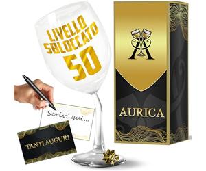 Aurica Calice Vino Personalizzato LIVELLO SBLOCCATO 50 - Regala Il Bicchiere Piegato Per Festeggiare Mezzo Secolo Con Un Brindisi Memorabile! Regalo Elegante E Divertente Con Confezione Regalo Inclusa