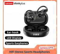 Auricolari sportivi wireless Lenovo LP75 con microfoni, controllo tramite pulsanti, display LED per la carica, cuffie Bluetooth TWS con audio stereo Hi-Fi
