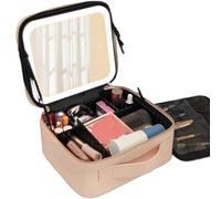 Auricrest Travel Makeup Bag with Adjustable Dividers LED Light Mirror | Portable Waterproof Hanging Cosmetic Organizer for Toiletries Storage (Beige)