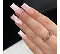 Auriselle 24 Pezzi Press on Nails Unghie Finte Adesive, Unghie Artificiali, Francese 3D Fiori Lunghe Quadrate Lucide con Strass per Donne e Ragazze, con Gel Morbido, Gradient Rosa-Bianco