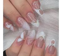 Auriselle 24 Pezzi Press on Nails Unghie Finte Adesive, Unghie Artificiali, Francese 3D Fiori Mandorla Lucide Full Cover per Donne e Ragazze, con Gel Morbido, Facile da Applicare, Rosa
