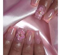 Auriselle 24 Pezzi Press on Nails Unghie Finte Adesive, Unghie Artificiali, Francese 3D Fiori Quadrate Lucido Full Cover per Donne e Ragazze, con Gel Morbido, Gradient Rosa-Bianco