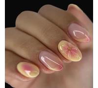 Auriselle 24 Pezzi Unghie Finte Corte a Mandorla, Unghie Artificiali Adesive con Punta Francese Gialla, Nail con Fiori 3D Riutilizzabili, Nails Francesi, Regalo di Compleanno per Donne e Ragazze