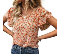 Auriselle Camicetta a Maniche Corte Donna per L'Estate, Fiori, Collo Rotondo, Volant Camicia, Estiva, Leggera, Comoda, Vintage Elegante fluida Ampia Top Casual, Outfit con Maglietta, Arancione, M
