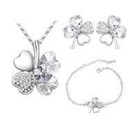 Auriselle Donna Gioielli Set Lucky Four Leaf Clover Strass Orecchini Collana Bracciale 3 Pezzi Donna Gioielli con Cubic Zirconia Regali di Nozze per Signore, Argento