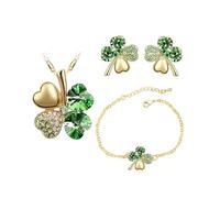 Auriselle Donna Gioielli Set Lucky Four Leaf Clover Strass Orecchini Collana Bracciale 3 Pezzi Donna Gioielli con Cubic Zirconia Regali di Nozze per Signore, Verde