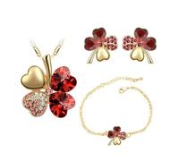 Auriselle Donna Gioielli Set Lucky Four Leaf Clover Strass Orecchini Collana Bracciale 3 Pezzi Donna Gioielli con Cubic Zirconia Regali di Nozze per Signore, Rosso