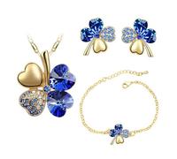 Auriselle Donna Gioielli Set Lucky Four Leaf Clover Strass Orecchini Collana Bracciale 3 Pezzi Donna Gioielli con Cubic Zirconia Regali di Nozze per Signore, Blu