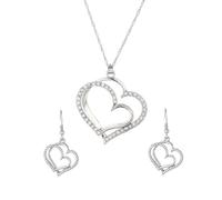 Auriselle Set di gioielli strass da donna, 2 pezzi collana con pendente a doppio strato a forma di cuore e orecchini con lucidi, collana cuore regolabile in lunghezza ragazza, argento