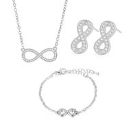 Auriselle Set di gioielli strass da donna, 3 pezzi con ciondolo forma simbolo dell'infinito, collana, bracciale orecchini luccicanti, collane regolabili in lunghezza, gioiell bambina, argento