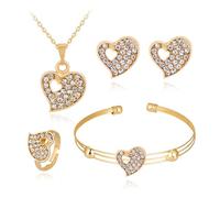 Auriselle Set di gioielli strass da donna, 4 pezzi collana ciondolo a forma cuore scheletrato, bracciale, anello e orecchini lucidi, regolabile in lunghezza ragazza, oro
