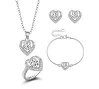 Auriselle Set di gioielli zirconi per donna, gioielli 4 pezzi con collana ciondolo a cuore, bracciale, anello e orecchini lucidi, collana cuore regolabile in lunghezza, donne e ragazze, argento