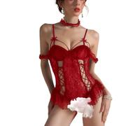 Auriselle Set di Lingerie Sexy da Donna Abito con Spalline Babydoll Bodysuit con Fiocco Decorativo Scollatura a V Negligé con Apertura sul Cavallo Body Trasparente Clubwear, Rosso, Taglia Unica