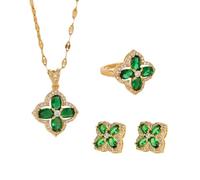 Auriselle Set gioielli strass da donna, sposa a 3 pezzi ciondolo forma di quadrifoglio, collana, anello e orecchini verde smeraldo lucidi, catene in acciaio titanio regolabili lunghezza, oro