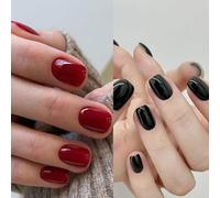 Auriselle Stampa su Unghie Corte 48 Pezzi Unghie Francesi False Corte Arrotondate Unghies Artificiali Unghies Rosse e Nere Colla Lucida, Perfetto per la Manicure a Casa