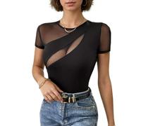 Auriselle Top a Rete da Donna con Scollo Rotondo - Sexy Manica Corta Sottile Trasparente Stretch per Feste estive, appuntamento Quotidiano, Nero, M