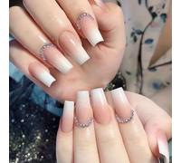 Auriselle Unghie Finte 24 Pezzi Lunghe Francesi Quadrate Con Strass Finti Unghie Artificiali Bianche e Rosa su Unghies Gradiente Colore Unghies Adesive, Perfette per Manicure a Casa