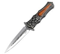 AuRiver Coltello da Caccia Acciaio Inossidabile, Coltellino Tascabile con Incisione Floreale Decorativa Retrò in Metallo Manico in Legno, Regalo da Uomo