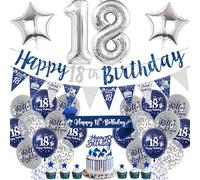 Aurmonigo Decorazioni per il 18° compleanno per ragazzi, blu e argento, striscione di buon compleanno, palloncini per torta numero 18, fascia per feste per 18 anni decorazione a tema