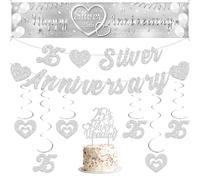 Aurmonigo Decorazioni per il 25° anniversario di matrimonio, striscione con cuore glitterato da appendere, decorazione per torte, decorazione per 25 anni, colore: argento