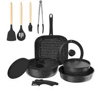 AUROAY 14pcs Set di Padelle e Pentola Antiaderente con 2 Manici Rimovibili,Padella Pentole Senza PFOA PFTE per Induzione Gas Forno,Padelle 20/26cm,Casseruola 20cm,26cm Griglia,4 Coperchi e 4 Utensili