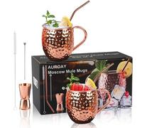 AUROAY Bicchieri Moscow Mule Rame 550ml,Set di 2 Tazze Moscow Mule,Boccali Placcati Rame Fatto a Mano in Acciaio Inossidabile,Bicchieri Cocktail Mugs con Cannucce Spiedini Mosurino Scovolino