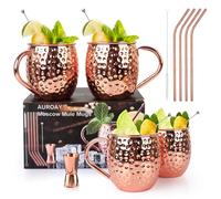 AUROAY Bicchieri Moscow Mule Rame,Set di 4 Tazze Moscow Mule,Boccali Placcati Rame Fatto a Mano in Acciaio Inossidabile 550ml,Bicchieri Cocktail Mugs con Cannucce Spiedini Mosurino Scovolino