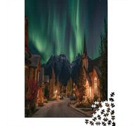 Aurora boreale Puzzle Per Adulti |Tranquillo villaggio alpino in una notte d'autunno| 70x50cm/1000pcs Puzzle Giochi EduGattoivi,decorazioni Per La Casa