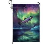 Aurora Borealis, bandiera arcobaleno da giardino a forma di trota, decorazione da esterni con pesci colorati, striscione su entrambi i lati, per la primavera e l'estate, decorazione per prato, 30 x 45