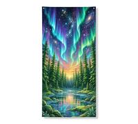 Aurora Borealis, copertura per porta decorativa con paesaggio della foresta incantata, per interni ed esterni, decorazione stagionale per le vacanze, 91 x 182 cm