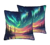 Aurora Forest Starry Lake Reflection - Federa per cuscino in finto lino, con cerniera invisibile, per divano, letto, casa, ufficio, 61 x 61 cm