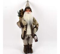Aurora Store.it Statuetta Pupazzo Decorativa di Babbo Natale Bianco Panna Beige Lana Pellicia Grande con Lanterna, Albero e Sacco Regali Altezza 45cm Decorazione Natalizia Personaggio Peluche