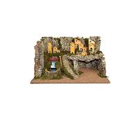 Aurora Store Scenario Presepe Completo con Cascata in Movimento e Scalinata in Sughero Ambientazione su 2 Livelli con Casette e casolari, con Grotta 60x35 x h. 36 cm Vuoto Artigianale Base Legno