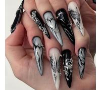 Auroriel 24 Pezze Unghie Finte a Pressione Stiletto Lunghe Gotico Nero con Farfalle, Volute Argento e Perle, Unghie Artificiali Acriliche Riutilizzabili adesive per Donna