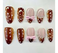 Auroriel 24 Pezzi Autunno Marrone Corto Mandorla Unghie Press On Pois Bianchi Fiocco Perle Design Francese Punta Carina Unghie Artificiale Copertura Completa Acrilico Ung