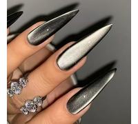 Auroriel 24 Pezzi Lunga Stiletto Press On Unghie Argento Occhio Di Gatto Design Glitterato Lucido Unghie Acriliche Piene Riutilizzabili Per Donne Ragazze Look Quotidiano