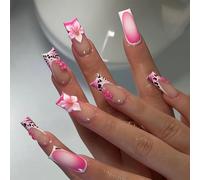 Auroriel 24 Pezzi Mezza Lunghezza Francese Merletto Press on Unghie con Fiori Rosa e Motivo Leopardo Riutilizzabile 3D Fiori Charms per Manicure Donna