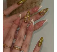 Auroriel 24 Pezzi Unghie Aghi 3D Curve Dorate Linee French Stiletto Lunghe in Acrilico Design Y2k Adesivi Luccicanti Fiume Dorato