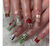 Auroriel 24 Pezzi Unghie Finte Lunghe Quadrate French Rosse e Verdi con Glitter Design Mele e Cuccioli Arte Unghie Estiva per Feste Riutilizzabili